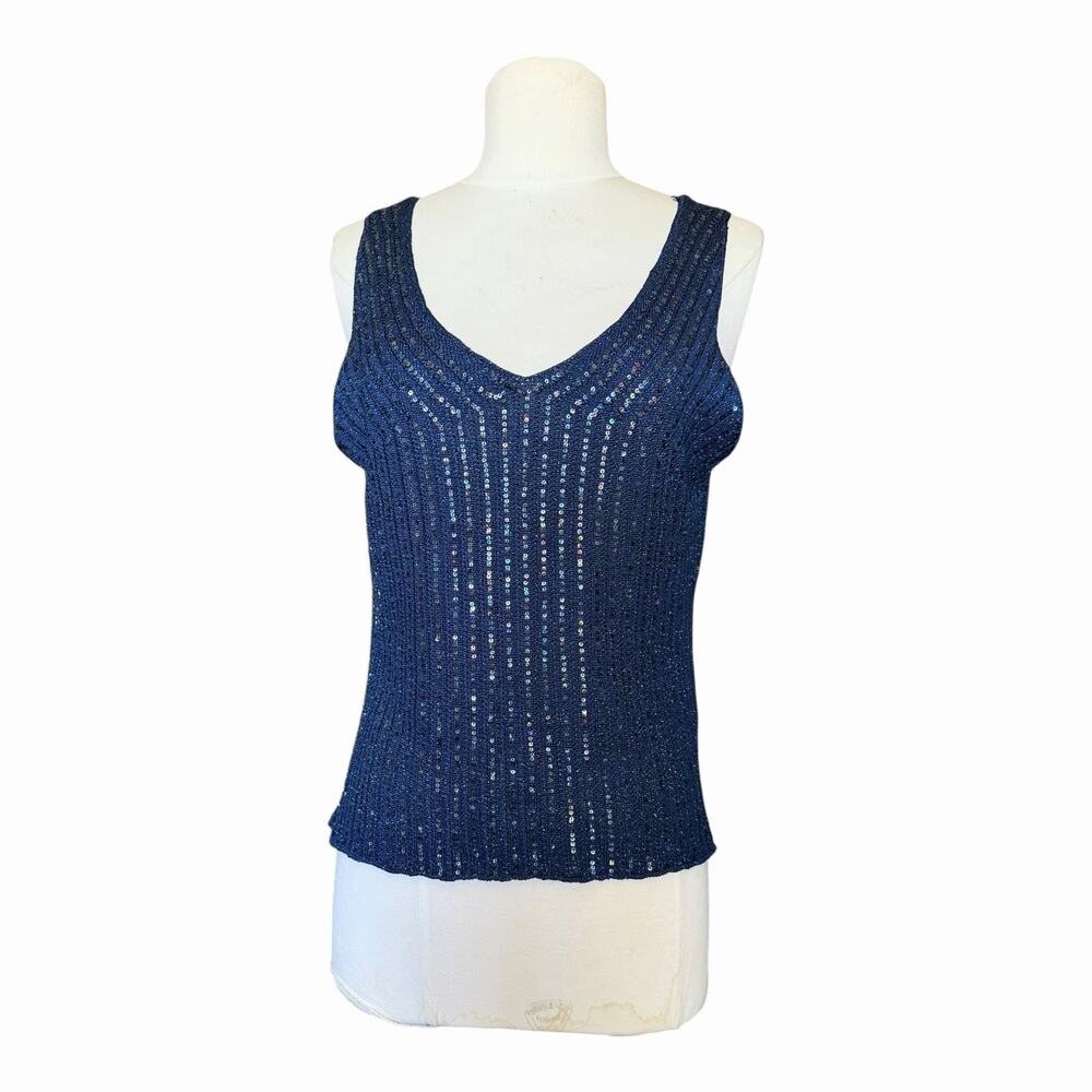 Vintage Sigrid Olsen Sequin Knit Tank Royal Blue Double V Neck Women’s Medium